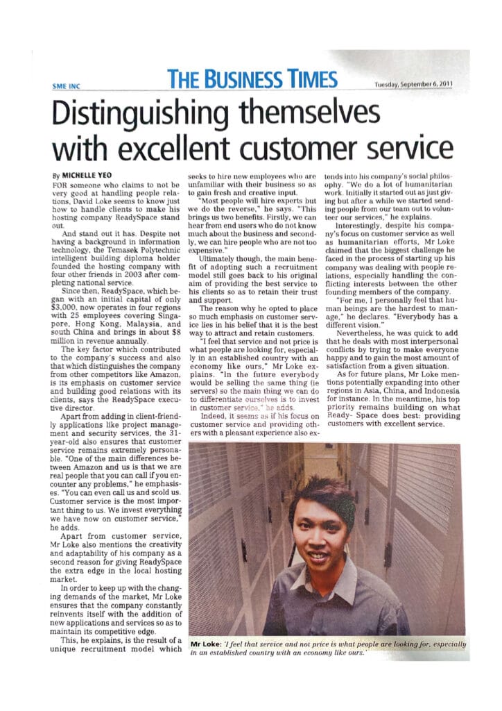 The Business Times - Distinguishing themselves with excellent customer service - ReadySpace