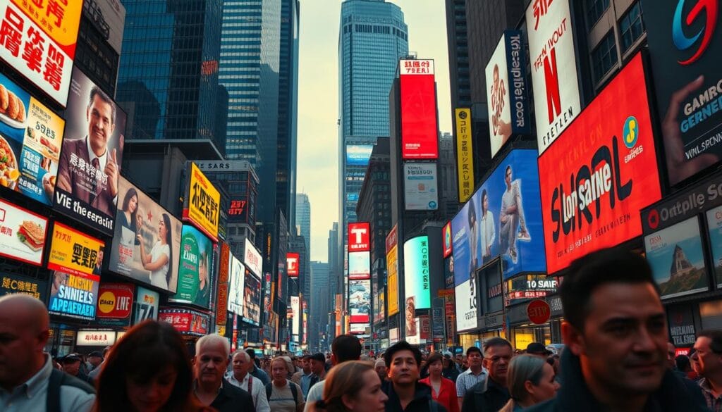 A bustling city street, overwhelmed by a cacophony of billboards, neon signs, and digital displays. Towering skyscrapers in the background, their glass facades reflecting the overabundance of advertising. In the foreground, pedestrians navigate the cluttered landscape, their faces obscured by the ever-changing barrage of visual stimuli. Warm, saturated colors bleed into one another, creating a sense of sensory overload. The scene is lit by a harsh, unforgiving light, casting harsh shadows and highlighting the chaotic nature of the environment. The overall atmosphere conveys a feeling of sensory fatigue, a visual representation of the over-saturation of advertising in modern society.
