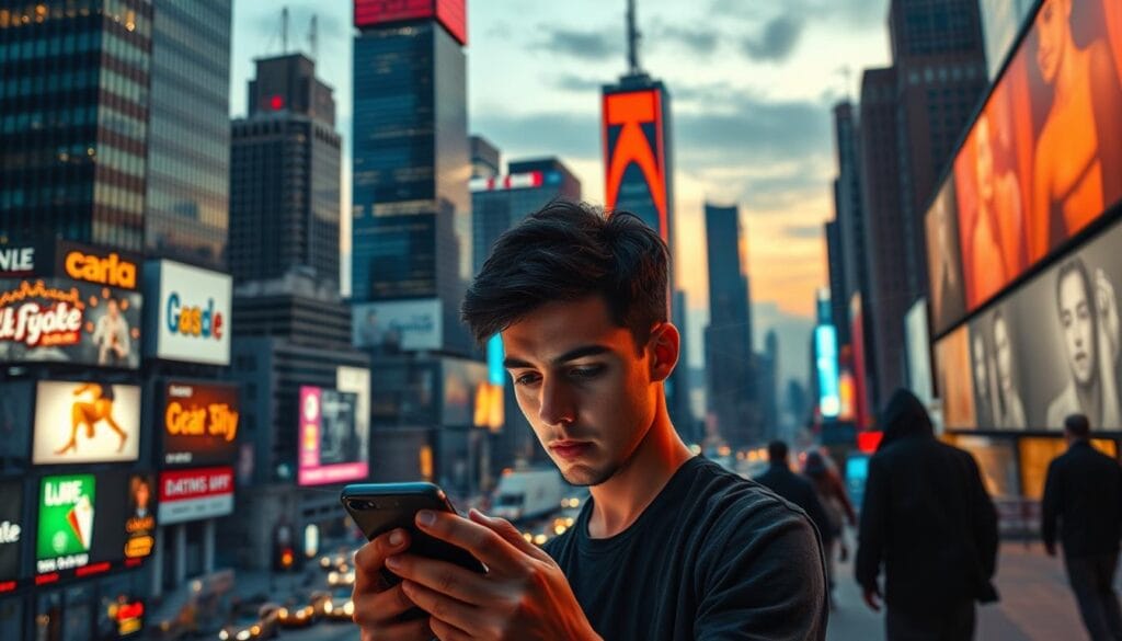 A bustling cityscape at dusk, with towering skyscrapers and neon-lit billboards. In the foreground, a person gazes apprehensively at a smartphone, their expression reflecting the growing unease about data privacy in the age of personalized marketing. The middle ground features a web of digital connections, overlapping lines and graphs representing the complex algorithms that analyze consumer behavior. In the background, shadowy figures lurk, hinting at the potential misuse of personal information. The scene is bathed in a warm, amber glow, creating an atmosphere of both technological advancement and underlying concern. A bustling cityscape at dusk, with towering skyscrapers and neon-lit billboards. In the foreground, a person gazes apprehensively at a smartphone, their expression reflecting the growing unease about data privacy in the age of personalized marketing. The middle ground features a web of digital connections, overlapping lines and graphs representing the complex algorithms that analyze consumer behavior. In the background, shadowy figures lurk, hinting at the potential misuse of personal information. The scene is bathed in a warm, amber glow, creating an atmosphere of both technological advancement and underlying concern.