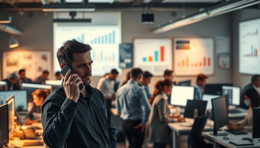 A bustling office space, filled with the hum of activity and the determined expressions of a sales team. In the foreground, a salesperson stands, phone in hand, brow furrowed in concentration as they make their pitch. The middle ground reveals a team of professionals, each focused on their tasks, their screens illuminating the room with a soft, warm glow. In the background, a wall of charts and graphs displays the metrics of their sales efforts, a testament to the ongoing challenge of driving business growth. The scene is captured with a cinematic wide-angle lens, bathed in a moody, low-key lighting that emphasizes the weight of the endeavor. A bustling office space, filled with the hum of activity and the determined expressions of a sales team. In the foreground, a salesperson stands, phone in hand, brow furrowed in concentration as they make their pitch. The middle ground reveals a team of professionals, each focused on their tasks, their screens illuminating the room with a soft, warm glow. In the background, a wall of charts and graphs displays the metrics of their sales efforts, a testament to the ongoing challenge of driving business growth. The scene is captured with a cinematic wide-angle lens, bathed in a moody, low-key lighting that emphasizes the weight of the endeavor.