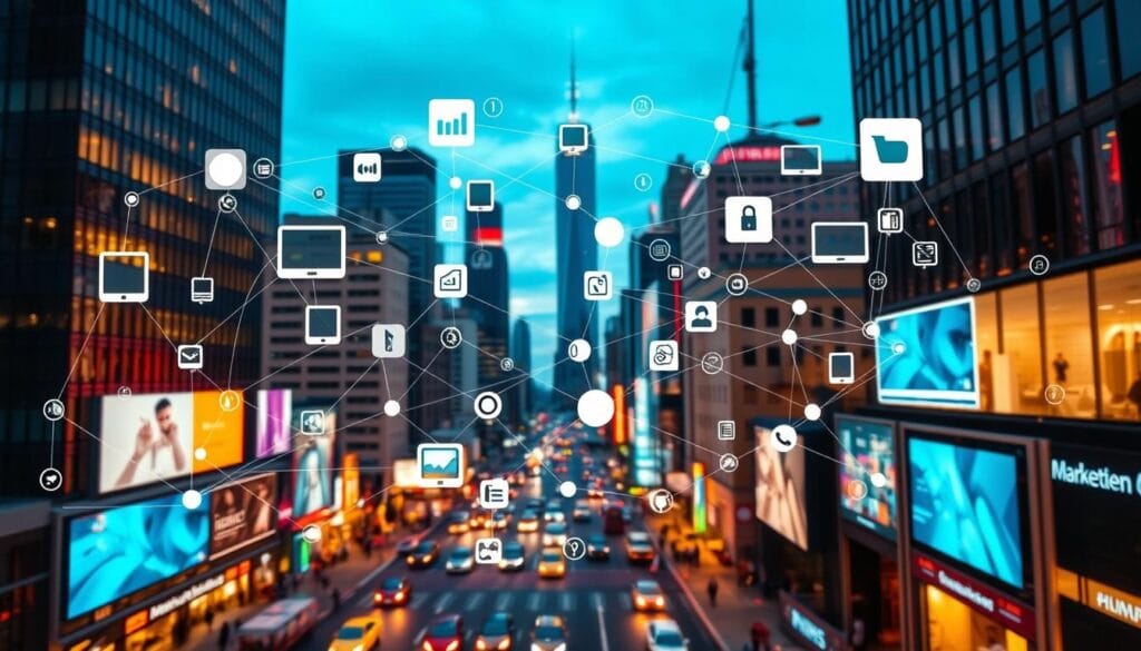 A bustling urban landscape, skyscrapers and office buildings in the background, with a dynamic, interconnected web of digital devices, screens, and icons in the foreground. Overlapping channels and touchpoints, such as smartphones, tablets, laptops, and interactive kiosks, create a visually striking representation of an omnichannel marketing strategy. The scene is illuminated by warm, diffused lighting, casting a sense of vibrancy and seamless integration. The overall composition conveys the complexity and interconnectedness of modern, multi-platform marketing approaches.