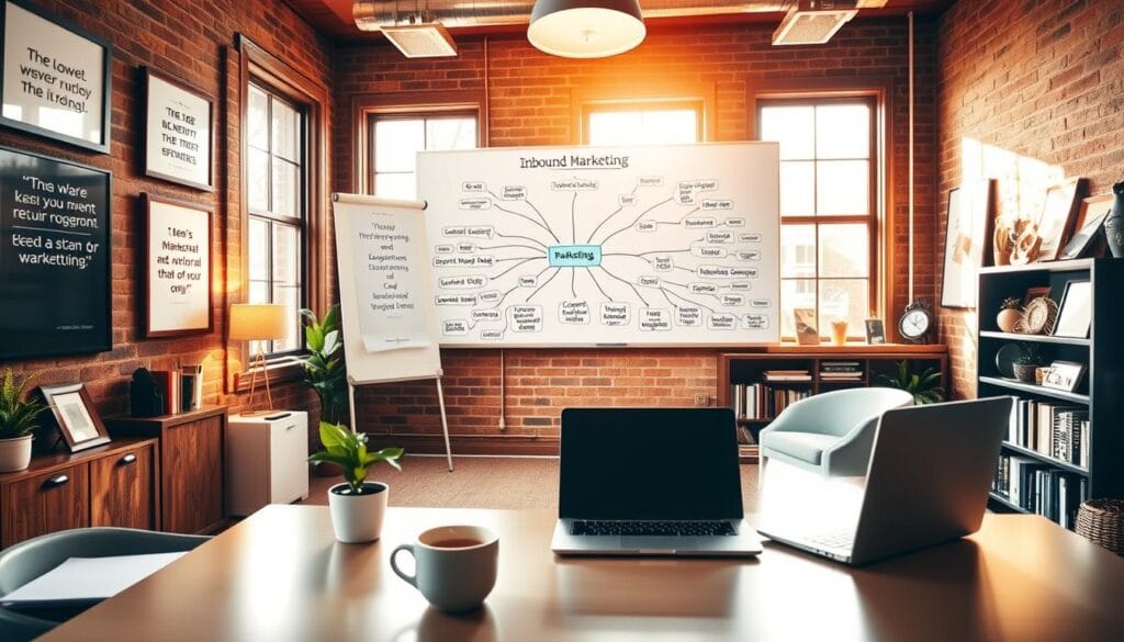 A cozy and inviting small business office, bathed in warm natural lighting from large windows. In the foreground, a desk with a laptop, a mug of coffee, and a small plant. On the walls, inspirational quotes and framed customer testimonials. In the middle ground, a whiteboard with a mind map of inbound marketing strategies, like SEO, content creation, and social media. The background features bookcases filled with marketing resources and awards celebrating the business's success. An atmosphere of focused productivity, creativity, and a sense of community.