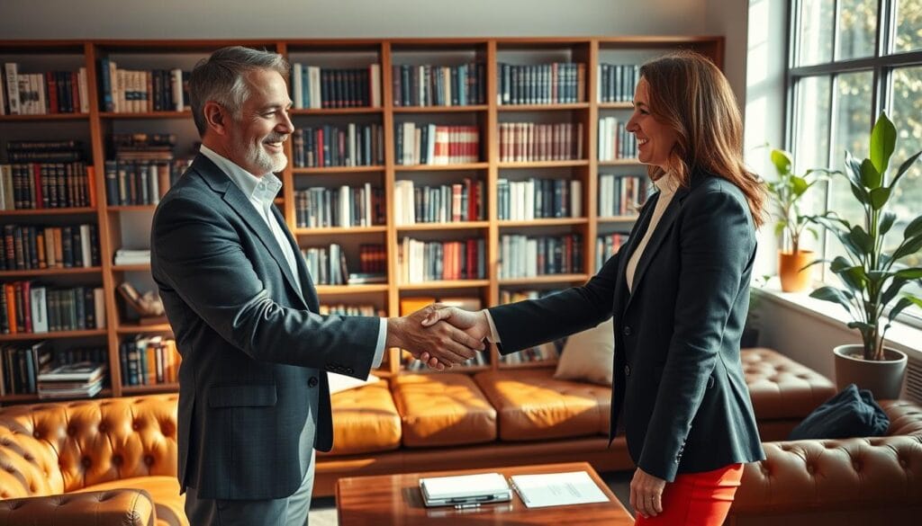 A cozy, inviting office space with natural lighting filtering through large windows. In the foreground, a professional-looking man and woman shake hands, their faces beaming with warmth and mutual understanding. In the middle ground, a plush leather couch and coffee table, creating an atmosphere of relaxed collaboration. In the background, bookshelves filled with volumes on business, management, and client relations. The overall scene conveys a sense of trust, personalized attention, and a commitment to building a lasting partnership. A cozy, inviting office space with natural lighting filtering through large windows. In the foreground, a professional-looking man and woman shake hands, their faces beaming with warmth and mutual understanding. In the middle ground, a plush leather couch and coffee table, creating an atmosphere of relaxed collaboration. In the background, bookshelves filled with volumes on business, management, and client relations. The overall scene conveys a sense of trust, personalized attention, and a commitment to building a lasting partnership.