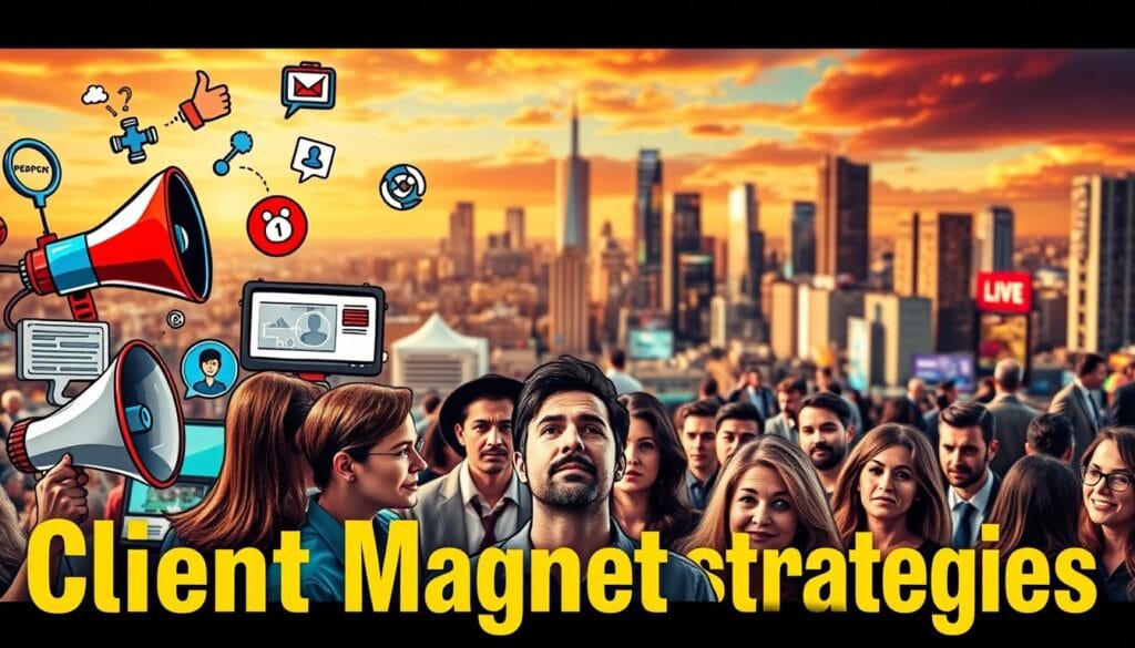 A detailed, captivating illustration of "client magnet strategies" against a vibrant, dynamic backdrop. In the foreground, an array of diverse, eye-catching marketing tools and tactics such as a megaphone, a social media platform, a digital advertisement, and a networking event. In the middle ground, a group of potential clients drawn in by the magnetic appeal of these strategies, their faces alight with interest. In the background, a bustling urban landscape, reflecting the vibrant, energetic atmosphere of effective client attraction. Crisp, high-resolution photography, with dramatic lighting and a slightly elevated camera angle to convey a sense of empowerment and possibility.