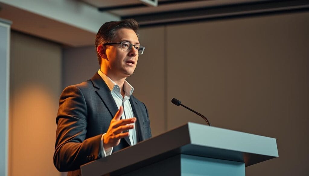 A focused executive standing at a podium, delivering a dynamic presentation on optimizing sales processes. The lighting is warm and professional, casting a subtle glow on the speaker's face. The background features a sleek, minimalist office setting with clean lines and muted colors, allowing the subject to take center stage. The executive's body language is confident and engaging, conveying a sense of authority and expertise. The overall atmosphere is one of productivity, efficiency, and the pursuit of business success. A focused executive standing at a podium, delivering a dynamic presentation on optimizing sales processes. The lighting is warm and professional, casting a subtle glow on the speaker's face. The background features a sleek, minimalist office setting with clean lines and muted colors, allowing the subject to take center stage. The executive's body language is confident and engaging, conveying a sense of authority and expertise. The overall atmosphere is one of productivity, efficiency, and the pursuit of business success.