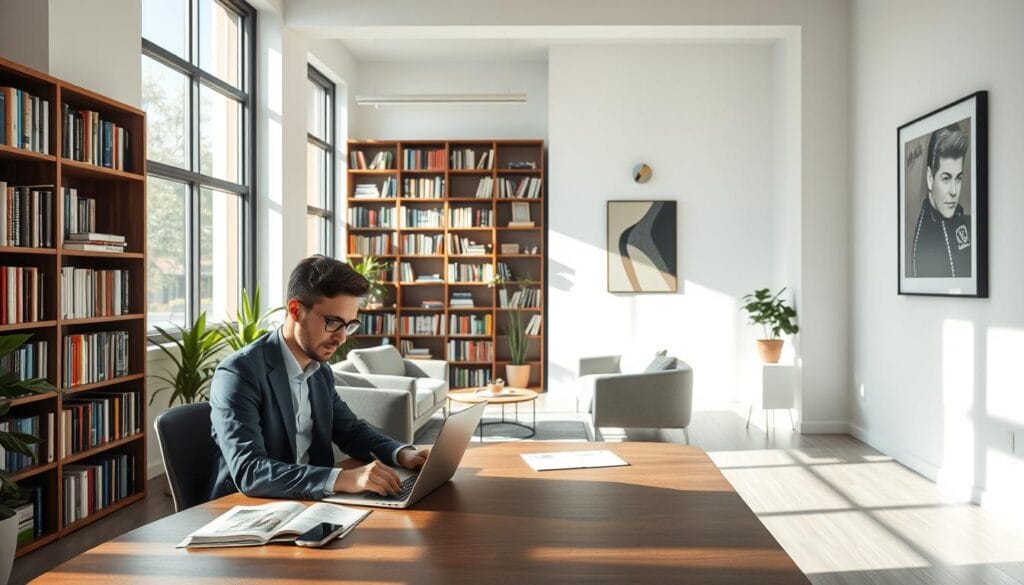 A modern, minimalist office space with natural lighting streaming in through large windows. In the foreground, a well-dressed professional sits at a desk, engaged in writing content on a laptop. The middle ground features bookshelves filled with industry-relevant literature, complemented by a comfortable seating area for client meetings. The background showcases a clean, uncluttered wall with tasteful artwork, conveying a sense of sophistication and expertise. The overall atmosphere exudes an aura of creativity, productivity, and client-centric focus.