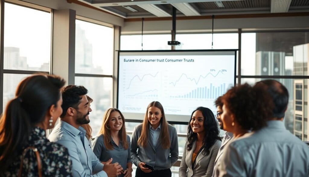 A modern office setting with large windows overlooking a bustling city skyline. In the foreground, a group of diverse professionals engaged in a lively discussion, their expressions conveying a sense of trust and collaboration. The middle ground features a projection screen displaying graphs and charts illustrating consumer trust trends, with fluctuating lines and percentages. The background is softly lit, creating a sense of depth and elegance, with subtle shadows and highlights accentuating the architectural details. The overall mood is one of professionalism, innovation, and a deep understanding of the evolving landscape of consumer trust. A modern office setting with large windows overlooking a bustling city skyline. In the foreground, a group of diverse professionals engaged in a lively discussion, their expressions conveying a sense of trust and collaboration. The middle ground features a projection screen displaying graphs and charts illustrating consumer trust trends, with fluctuating lines and percentages. The background is softly lit, creating a sense of depth and elegance, with subtle shadows and highlights accentuating the architectural details. The overall mood is one of professionalism, innovation, and a deep understanding of the evolving landscape of consumer trust.