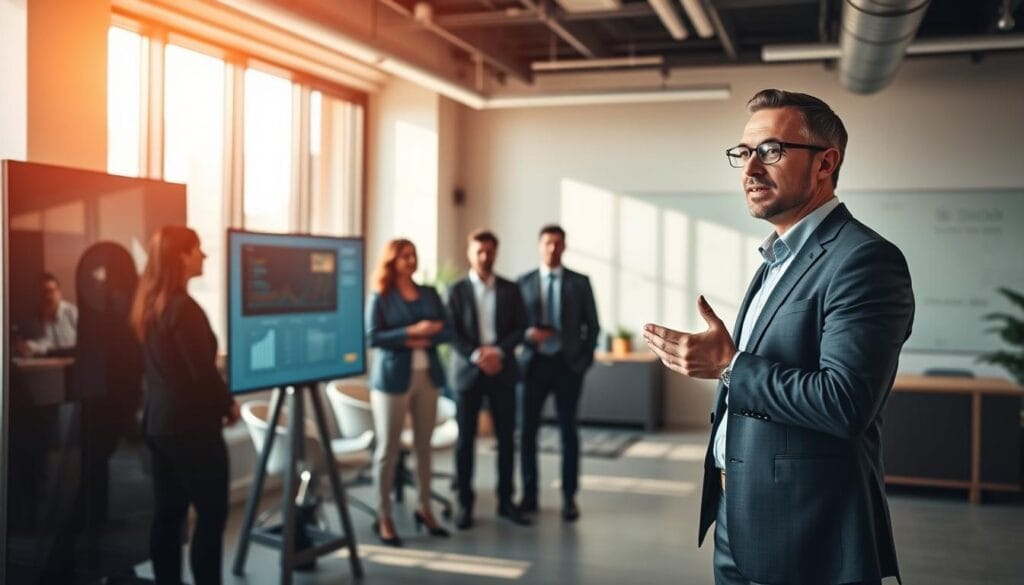 A modern office workspace with a professional business person standing in the foreground, confidently making a presentation on a digital screen. The scene is illuminated by warm, natural lighting filtering through large windows, creating a bright and welcoming atmosphere. In the middle ground, a group of attentive colleagues are engaged in discussion, representing the collaborative nature of building a strong brand reputation. The background features sleek, minimalist decor and subtle branding elements, conveying a sense of sophistication and authority. The overall composition reflects a progressive, relationship-driven approach to business growth, in contrast to the outdated practice of cold calling. A modern office workspace with a professional business person standing in the foreground, confidently making a presentation on a digital screen. The scene is illuminated by warm, natural lighting filtering through large windows, creating a bright and welcoming atmosphere. In the middle ground, a group of attentive colleagues are engaged in discussion, representing the collaborative nature of building a strong brand reputation. The background features sleek, minimalist decor and subtle branding elements, conveying a sense of sophistication and authority. The overall composition reflects a progressive, relationship-driven approach to business growth, in contrast to the outdated practice of cold calling.