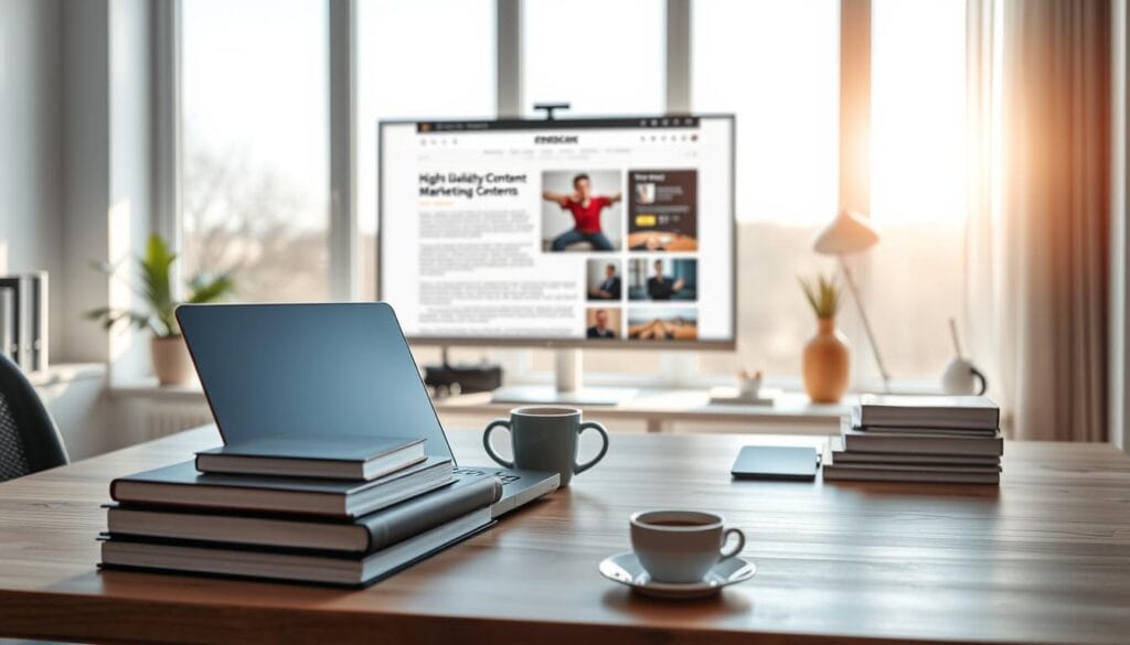 A serene, well-lit home office space with a clean, minimalist aesthetic. In the foreground, a neatly organized desk features a high-quality laptop, a stack of professional-looking books, and a cup of coffee. The middle ground showcases a large, sleek monitor displaying an article or website with engaging, authoritative content. In the background, large windows allow natural light to flood the room, creating a sense of openness and tranquility. The overall mood conveys a sense of credibility, productivity, and attention to detail, reflecting the high-quality content and digital marketing strategies discussed in the article.
