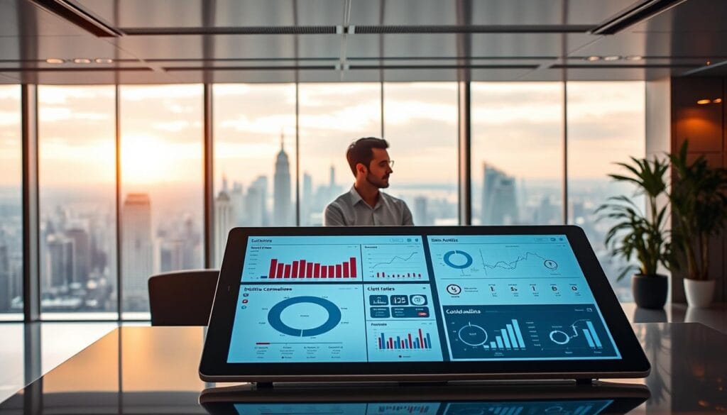 A sleek, modern office setting with a central desk showcasing advanced sales technology. The foreground features a large, high-resolution touchscreen display with intuitive sales analytics dashboards and client communication tools. In the middle ground, a sales representative engages with a client, their faces illuminated by the soft, warm lighting of the workspace. The background depicts a panoramic city skyline, conveying a sense of progress and connectivity. The overall atmosphere is one of collaborative, consultative sales empowered by cutting-edge technology. A sleek, modern office setting with a central desk showcasing advanced sales technology. The foreground features a large, high-resolution touchscreen display with intuitive sales analytics dashboards and client communication tools. In the middle ground, a sales representative engages with a client, their faces illuminated by the soft, warm lighting of the workspace. The background depicts a panoramic city skyline, conveying a sense of progress and connectivity. The overall atmosphere is one of collaborative, consultative sales empowered by cutting-edge technology.