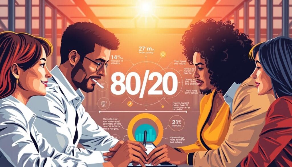 A thoughtful, vibrant illustration of "top sales strategies" showcasing the 80/20 rule in action. In the foreground, a diverse sales team collaborating intently, their expressions focused and determined. In the middle ground, a dynamic data visualization highlighting the key insights from the 80/20 analysis - the critical few activities driving the majority of results. The background features a sleek, modern office setting, with floor-to-ceiling windows bathing the scene in warm, natural lighting. The overall atmosphere conveys a sense of strategic clarity, teamwork, and a drive to maximize sales performance. A thoughtful, vibrant illustration of "top sales strategies" showcasing the 80/20 rule in action. In the foreground, a diverse sales team collaborating intently, their expressions focused and determined. In the middle ground, a dynamic data visualization highlighting the key insights from the 80/20 analysis - the critical few activities driving the majority of results. The background features a sleek, modern office setting, with floor-to-ceiling windows bathing the scene in warm, natural lighting. The overall atmosphere conveys a sense of strategic clarity, teamwork, and a drive to maximize sales performance.