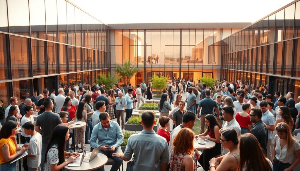 A vibrant, bustling community of people gathered around a modern, minimalist building. The structure features sleek glass and steel panels, with clean lines and a contemporary aesthetic. In the foreground, a diverse group of individuals engage in lively discussions, sharing ideas and building connections. Some are seated at small tables, sipping coffee and typing on laptops, while others stand in animated conversation. The middle ground showcases a central open space, with comfortable seating areas and lush greenery, creating a welcoming and inclusive atmosphere. In the background, the building is bathed in warm, natural lighting, casting a glow over the entire scene and evoking a sense of warmth and collaboration. The overall mood is one of energy, productivity, and a strong sense of belonging, reflecting the essence of building a thriving brand community. A vibrant, bustling community of people gathered around a modern, minimalist building. The structure features sleek glass and steel panels, with clean lines and a contemporary aesthetic. In the foreground, a diverse group of individuals engage in lively discussions, sharing ideas and building connections. Some are seated at small tables, sipping coffee and typing on laptops, while others stand in animated conversation. The middle ground showcases a central open space, with comfortable seating areas and lush greenery, creating a welcoming and inclusive atmosphere. In the background, the building is bathed in warm, natural lighting, casting a glow over the entire scene and evoking a sense of warmth and collaboration. The overall mood is one of energy, productivity, and a strong sense of belonging, reflecting the essence of building a thriving brand community.