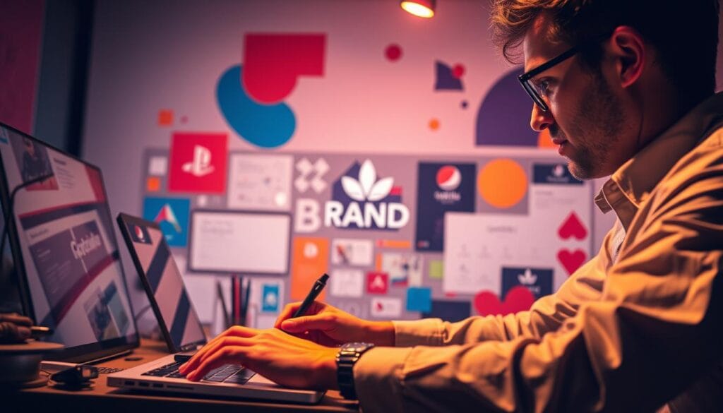 A vibrant, visually captivating scene depicting the essence of brand storytelling. In the foreground, a skilled graphic designer deftly manipulates digital tools, crafting a compelling visual narrative. The middle ground showcases an array of brand elements - a cohesive color palette, carefully curated typography, and a distinctive logo that commands attention. In the background, a backdrop of abstract shapes and geometric patterns suggests the depth and complexity of the brand's identity. Warm, directional lighting illuminates the scene, creating a sense of dynamism and professionalism. The overall atmosphere conveys the power of a well-crafted brand story to captivate and inspire. A vibrant, visually captivating scene depicting the essence of brand storytelling. In the foreground, a skilled graphic designer deftly manipulates digital tools, crafting a compelling visual narrative. The middle ground showcases an array of brand elements - a cohesive color palette, carefully curated typography, and a distinctive logo that commands attention. In the background, a backdrop of abstract shapes and geometric patterns suggests the depth and complexity of the brand's identity. Warm, directional lighting illuminates the scene, creating a sense of dynamism and professionalism. The overall atmosphere conveys the power of a well-crafted brand story to captivate and inspire.