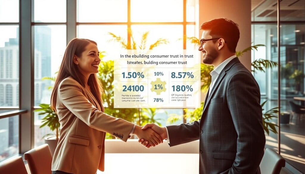 A warmly lit, modern office interior with a large window overlooking a bustling cityscape. In the foreground, two business professionals shake hands, their expressions conveying trust and confidence. The middle ground features a stylized graphic display highlighting key statistics and metrics related to building consumer trust. In the background, a lush, verdant indoor garden creates a serene, natural ambiance. Soft, directional lighting illuminates the scene, casting gentle shadows and creating a sense of depth and dimension. The overall composition exudes a professional, sophisticated tone, visually communicating the importance of cultivating trust in the business-customer relationship. A warmly lit, modern office interior with a large window overlooking a bustling cityscape. In the foreground, two business professionals shake hands, their expressions conveying trust and confidence. The middle ground features a stylized graphic display highlighting key statistics and metrics related to building consumer trust. In the background, a lush, verdant indoor garden creates a serene, natural ambiance. Soft, directional lighting illuminates the scene, casting gentle shadows and creating a sense of depth and dimension. The overall composition exudes a professional, sophisticated tone, visually communicating the importance of cultivating trust in the business-customer relationship.