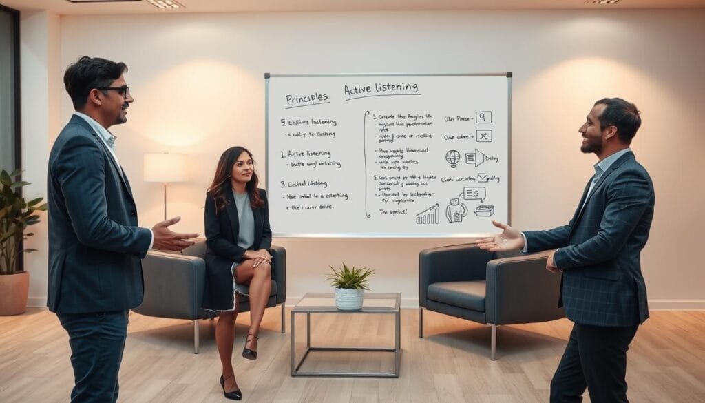 A well-lit, high-resolution scene depicting effective communication techniques. In the foreground, two professionals engaged in a conversation, using open body language and making eye contact to convey trust and understanding. In the middle ground, a whiteboard with hand-drawn diagrams and bullet points illustrating key principles of active listening and clear articulation. The background features a modern, minimalist office setting with sleek furniture and warm, diffuse lighting, creating a productive and collaborative atmosphere. A well-lit, high-resolution scene depicting effective communication techniques. In the foreground, two professionals engaged in a conversation, using open body language and making eye contact to convey trust and understanding. In the middle ground, a whiteboard with hand-drawn diagrams and bullet points illustrating key principles of active listening and clear articulation. The background features a modern, minimalist office setting with sleek furniture and warm, diffuse lighting, creating a productive and collaborative atmosphere.