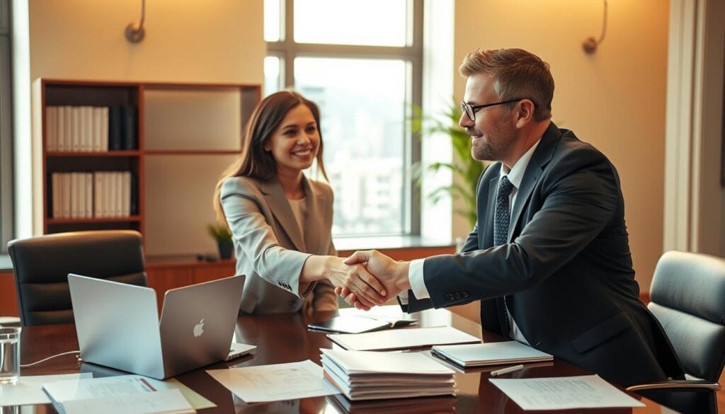 An elegant office scene with a desk, laptop, and paperwork, bathed in warm, natural lighting. In the foreground, two business professionals shake hands, their expressions conveying a sense of trust, openness, and collaborative energy. The background features a bookshelf and a window overlooking a cityscape, evoking a professional, yet inviting atmosphere. The overall composition suggests a consultative sales approach, where the emphasis is on building a relationship and understanding the client's needs, rather than a one-sided pitch. An elegant office scene with a desk, laptop, and paperwork, bathed in warm, natural lighting. In the foreground, two business professionals shake hands, their expressions conveying a sense of trust, openness, and collaborative energy. The background features a bookshelf and a window overlooking a cityscape, evoking a professional, yet inviting atmosphere. The overall composition suggests a consultative sales approach, where the emphasis is on building a relationship and understanding the client's needs, rather than a one-sided pitch.