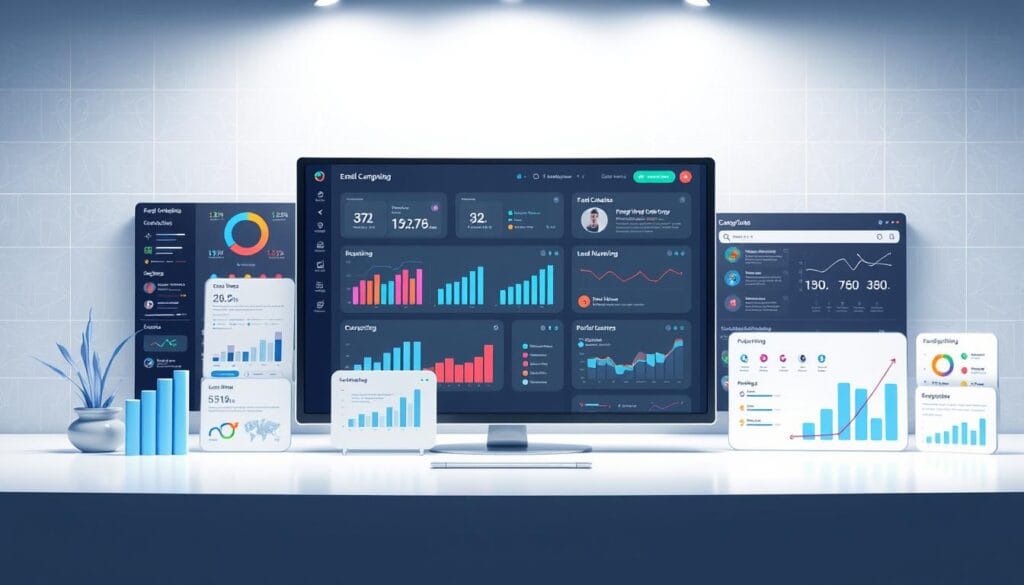 High-quality 3D illustration of marketing automation tools, featuring a sleek and modern user interface with various software components arranged in a clean, organized layout. The foreground showcases a central dashboard with interactive charts, graphs, and data visualizations. In the middle ground, there are modular panels for email campaign management, lead nurturing workflows, and performance analytics. The background contains a minimalist, tech-inspired environment with subtle grid patterns and geometric shapes, creating a sense of futuristic efficiency. The lighting is soft and directional, highlighting the key features while maintaining an aesthetic balance. The overall mood is professional, innovative, and visually appealing, perfectly reflecting the concept of personalized marketing strategies and automation tools. High-quality 3D illustration of marketing automation tools, featuring a sleek and modern user interface with various software components arranged in a clean, organized layout. The foreground showcases a central dashboard with interactive charts, graphs, and data visualizations. In the middle ground, there are modular panels for email campaign management, lead nurturing workflows, and performance analytics. The background contains a minimalist, tech-inspired environment with subtle grid patterns and geometric shapes, creating a sense of futuristic efficiency. The lighting is soft and directional, highlighting the key features while maintaining an aesthetic balance. The overall mood is professional, innovative, and visually appealing, perfectly reflecting the concept of personalized marketing strategies and automation tools.
