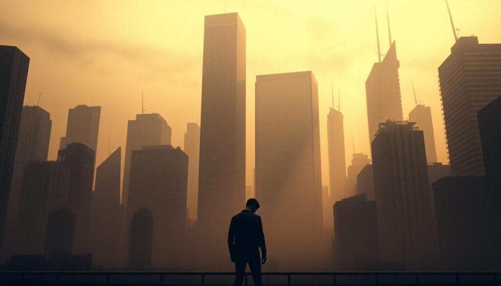 A bleak, dystopian cityscape shrouded in a hazy, sepia-toned atmosphere. In the foreground, a lone figure stands with their head bowed, their body language conveying a sense of defeat and despondency. Towering, faceless corporate skyscrapers loom in the background, casting long shadows that symbolize the overwhelming power of online reputation and the consequences of lacking credibility. The scene is lit by a dim, ominous light, creating a sense of foreboding and unease. The overall composition evokes a strong sense of the individual's vulnerability and the dominant, impersonal nature of the digital landscape. A bleak, dystopian cityscape shrouded in a hazy, sepia-toned atmosphere. In the foreground, a lone figure stands with their head bowed, their body language conveying a sense of defeat and despondency. Towering, faceless corporate skyscrapers loom in the background, casting long shadows that symbolize the overwhelming power of online reputation and the consequences of lacking credibility. The scene is lit by a dim, ominous light, creating a sense of foreboding and unease. The overall composition evokes a strong sense of the individual's vulnerability and the dominant, impersonal nature of the digital landscape.