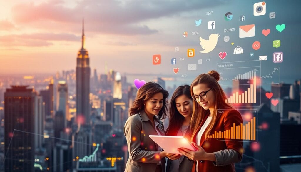 A bustling city skyline with vibrant social media icons and symbols floating in the foreground, casting a warm glow. In the middle ground, a group of diverse business people collaborating on a digital dashboard, their faces illuminated by the screen's soft light. The background features a dynamic, data-driven landscape with graphs, charts, and analytical visualizations, conveying the power of social media analytics. The scene is captured with a wide-angle lens, emphasizing the interconnectedness and synergy between digital marketing and business growth. The overall atmosphere is one of optimism, innovation, and the boundless potential of social media to boost a company's visibility and success. A bustling city skyline with vibrant social media icons and symbols floating in the foreground, casting a warm glow. In the middle ground, a group of diverse business people collaborating on a digital dashboard, their faces illuminated by the screen's soft light. The background features a dynamic, data-driven landscape with graphs, charts, and analytical visualizations, conveying the power of social media analytics. The scene is captured with a wide-angle lens, emphasizing the interconnectedness and synergy between digital marketing and business growth. The overall atmosphere is one of optimism, innovation, and the boundless potential of social media to boost a company's visibility and success.