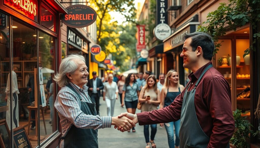 A bustling city street, filled with the vibrant energy of local businesses collaborating. In the foreground, two shopkeepers shake hands, their faces alight with mutual understanding. Behind them, a cozy café and an art gallery stand side by side, their windows adorned with colorful displays. In the middle ground, pedestrians stroll by, stopping to admire the storefront displays and engage in animated conversations. The background is a symphony of neon signs, vintage storefronts, and lush greenery, creating a sense of community and shared purpose. Warm, golden lighting bathes the scene, casting a welcoming glow and capturing the spirit of local business collaboration. A bustling city street, filled with the vibrant energy of local businesses collaborating. In the foreground, two shopkeepers shake hands, their faces alight with mutual understanding. Behind them, a cozy café and an art gallery stand side by side, their windows adorned with colorful displays. In the middle ground, pedestrians stroll by, stopping to admire the storefront displays and engage in animated conversations. The background is a symphony of neon signs, vintage storefronts, and lush greenery, creating a sense of community and shared purpose. Warm, golden lighting bathes the scene, casting a welcoming glow and capturing the spirit of local business collaboration.