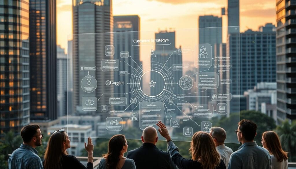 A bustling cityscape with towering skyscrapers, their windows reflecting the warm glow of the setting sun. In the foreground, a group of people engaged in a lively discussion, their expressions animated as they gesture towards a large, holographic display that projects a detailed customer experience strategy. The display showcases a intricate web of interconnected touchpoints, customer insights, and data-driven recommendations, all illuminated by a soft, ambient light. In the background, a blend of modern architecture and lush greenery, creating a sense of balance and harmony between technology and nature. The scene conveys a dynamic, forward-thinking approach to understanding and catering to the needs of discerning customers. A bustling cityscape with towering skyscrapers, their windows reflecting the warm glow of the setting sun. In the foreground, a group of people engaged in a lively discussion, their expressions animated as they gesture towards a large, holographic display that projects a detailed customer experience strategy. The display showcases a intricate web of interconnected touchpoints, customer insights, and data-driven recommendations, all illuminated by a soft, ambient light. In the background, a blend of modern architecture and lush greenery, creating a sense of balance and harmony between technology and nature. The scene conveys a dynamic, forward-thinking approach to understanding and catering to the needs of discerning customers.