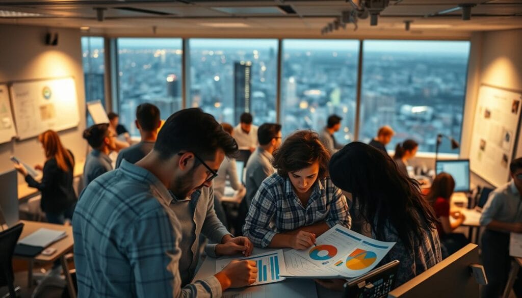A bustling office scene, filled with the energy of customer behavior analysis. In the foreground, a group of data analysts pore over charts and graphs, their expressions intense as they uncover insights. Surrounding them, the middle ground depicts a blend of collaborative workspaces, with whiteboards showcasing customer journey maps and personas. In the background, a panoramic view of the cityscape, with a sense of possibility and growth. Warm, ambient lighting casts a soft glow, creating an atmosphere of focused productivity and strategic thinking. The scene conveys the dynamic process of understanding customer needs and creating value beyond products. A bustling office scene, filled with the energy of customer behavior analysis. In the foreground, a group of data analysts pore over charts and graphs, their expressions intense as they uncover insights. Surrounding them, the middle ground depicts a blend of collaborative workspaces, with whiteboards showcasing customer journey maps and personas. In the background, a panoramic view of the cityscape, with a sense of possibility and growth. Warm, ambient lighting casts a soft glow, creating an atmosphere of focused productivity and strategic thinking. The scene conveys the dynamic process of understanding customer needs and creating value beyond products.
