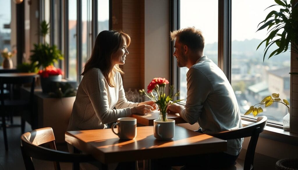 A cozy cafe interior, sunlight streaming through large windows, where two people sit across a small table, deep in conversation. The foreground features a warm wooden table, a steaming cup of coffee, and a vase of fresh flowers. In the middle ground, the two people lean in, engaged in an earnest discussion, their body language indicating a strong rapport. The background showcases a serene urban landscape, hinting at the bustling city beyond the cafe's walls. The overall atmosphere is one of comfort, connection, and the building of a lasting relationship. A cozy cafe interior, sunlight streaming through large windows, where two people sit across a small table, deep in conversation. The foreground features a warm wooden table, a steaming cup of coffee, and a vase of fresh flowers. In the middle ground, the two people lean in, engaged in an earnest discussion, their body language indicating a strong rapport. The background showcases a serene urban landscape, hinting at the bustling city beyond the cafe's walls. The overall atmosphere is one of comfort, connection, and the building of a lasting relationship.