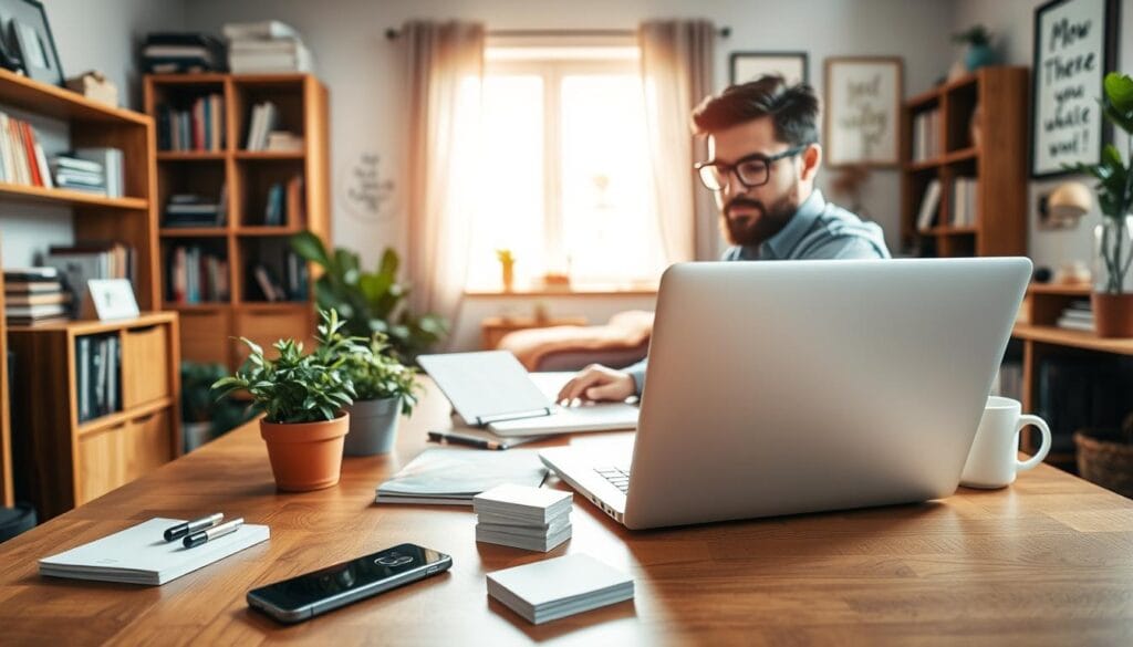 A cozy home office scene, with a person sitting at a wooden desk, surrounded by various networking tools. In the foreground, a laptop, a smartphone, and a stack of business cards. In the middle ground, a potted plant, a small whiteboard, and a mug of coffee. The background features bookshelves, inspirational wall art, and natural lighting streaming through a large window. The overall atmosphere is focused, productive, and conducive to building meaningful connections without expensive marketing campaigns. A cozy home office scene, with a person sitting at a wooden desk, surrounded by various networking tools. In the foreground, a laptop, a smartphone, and a stack of business cards. In the middle ground, a potted plant, a small whiteboard, and a mug of coffee. The background features bookshelves, inspirational wall art, and natural lighting streaming through a large window. The overall atmosphere is focused, productive, and conducive to building meaningful connections without expensive marketing campaigns.