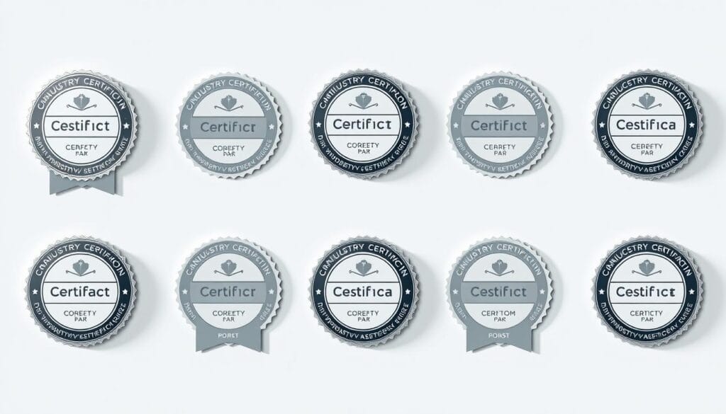A crisp, professional set of industry certification badges arranged on a clean, minimalist background. The certifications are rendered in high resolution, with subtle three-dimensional depth and a glossy, premium finish. Soft, directional lighting casts subtle shadows, emphasizing the depth and textures. The composition is balanced and symmetrical, with the certifications evenly spaced and aligned. The overall mood is one of authority, trust, and credibility - conveying the expertise and qualifications of the individual or organization. A crisp, professional set of industry certification badges arranged on a clean, minimalist background. The certifications are rendered in high resolution, with subtle three-dimensional depth and a glossy, premium finish. Soft, directional lighting casts subtle shadows, emphasizing the depth and textures. The composition is balanced and symmetrical, with the certifications evenly spaced and aligned. The overall mood is one of authority, trust, and credibility - conveying the expertise and qualifications of the individual or organization.