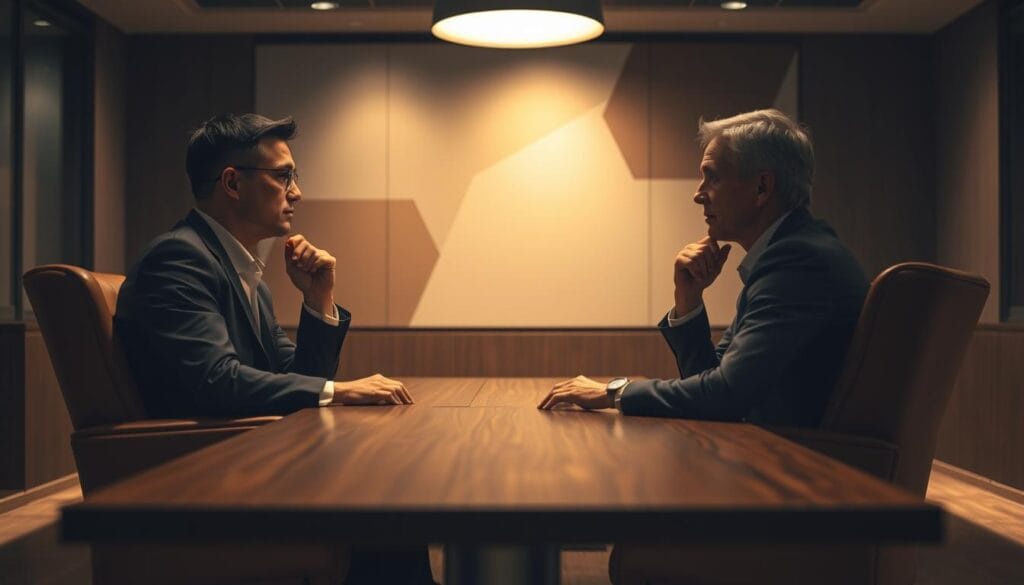 A dimly lit conference room, warm lighting casting a soft glow. At the center, a wooden table surrounded by plush leather chairs, where two professionals engage in deep discussion. The foreground focuses on their thoughtful expressions, conveying a sense of collaboration and mutual understanding. In the background, abstract geometric shapes and muted colors suggest the exchange of ideas and strategic planning. The scene evokes a consultative, solutions-oriented approach to sales, where the focus is on understanding the client's needs rather than simply pushing a product. A dimly lit conference room, warm lighting casting a soft glow. At the center, a wooden table surrounded by plush leather chairs, where two professionals engage in deep discussion. The foreground focuses on their thoughtful expressions, conveying a sense of collaboration and mutual understanding. In the background, abstract geometric shapes and muted colors suggest the exchange of ideas and strategic planning. The scene evokes a consultative, solutions-oriented approach to sales, where the focus is on understanding the client's needs rather than simply pushing a product.