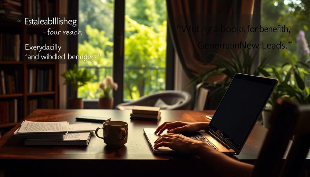A dimly lit, cozy home office with a wooden desk, bookshelves, and a large window overlooking a lush, verdant garden. On the desk, an open laptop, a stack of notes, and a cup of steaming coffee. In the foreground, a person's hands resting on the keyboard, deep in thought. Soft, warm lighting illuminates the scene, creating a contemplative and productive atmosphere. The background features inspirational quotes about the benefits of writing a book for business success, such as "Establishing Authority", "Expanding Your Reach", and "Generating New Leads". The overall image conveys the idea of the personal and professional advantages of writing a business book.