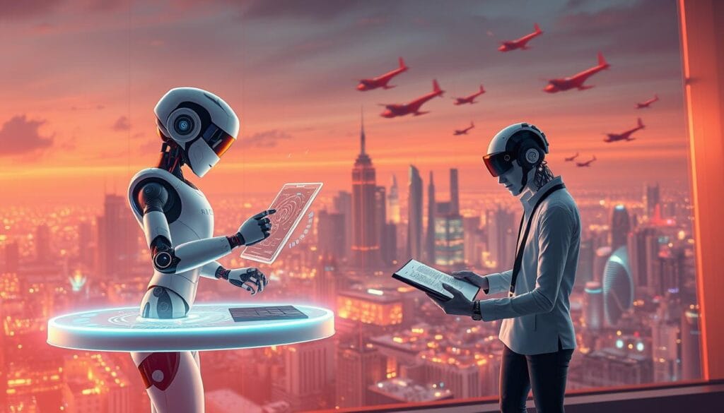 A dynamic, futuristic scene depicting the intersection of AI and content creation. In the foreground, a stylized AI avatar composes digital art on a hovering holographic display, its mechanical yet fluid movements embodying the creative potential of artificial intelligence. In the middle ground, a writer collaborates with an AI assistant, their words and ideas flowing seamlessly onto a virtual document. The background features a panoramic cityscape, skyscrapers and flying vehicles symbolizing the rapid technological advancements transforming the creative landscape. Warm, neon-tinged lighting casts an aura of innovation and inspiration, while a sense of balance and harmony pervades the scene, hinting at the synergistic relationship between human and machine in the future of content creation.