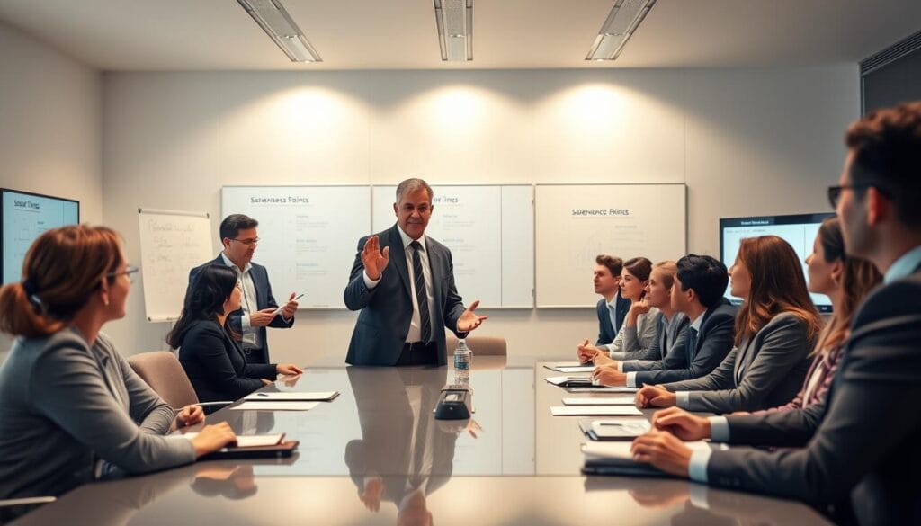 A group of sales professionals gathered in a modern, well-lit training room. In the foreground, a confident instructor stands at the head of a long conference table, gesturing animatedly as they lead a lively discussion. The trainees, dressed in business attire, lean in, their expressions intent as they take notes and engage in the interactive session. Soft, directional lighting from above casts a warm glow, highlighting the collaborative atmosphere. The background features minimalist decor, with sleek whiteboards and screens displaying relevant sales data and strategies. The overall scene conveys a sense of focused learning, teamwork, and a dedication to honing sales skills.