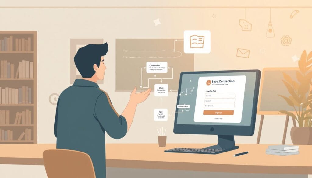 A modern, educational illustration showcasing a lead conversion process. In the foreground, a person interacts with an interactive digital learning module, gesturing towards a conversion flow diagram. The middle ground features a desktop with a lead generation form and email signup. In the background, a bookshelf and chalkboard evoke an academic setting, with subtle infographic elements floating gently. Warm, soft lighting creates a welcoming, inspirational atmosphere. Rendered in a clean, minimalist style with muted, earthy tones to convey professionalism and approachability.
