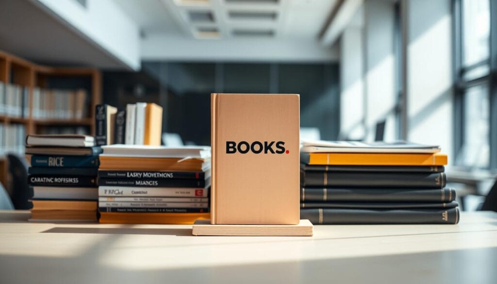 A modern office setting, with a well-organized bookshelf prominently displayed in the foreground. The bookshelf features an assortment of hardcover books, some standing upright, others stacked horizontally, creating a visually appealing arrangement. A single book, slightly larger than the others, stands out in the center, its cover and spine designed with a bold, eye-catching brand identity. Soft, directional lighting illuminates the scene, casting subtle shadows and highlighting the textures of the books. The background is slightly blurred, but suggests a professional, corporate environment, emphasizing the bookshelf as the focal point. The overall composition conveys a sense of sophistication, knowledge, and the strategic use of books for branding and marketing purposes.