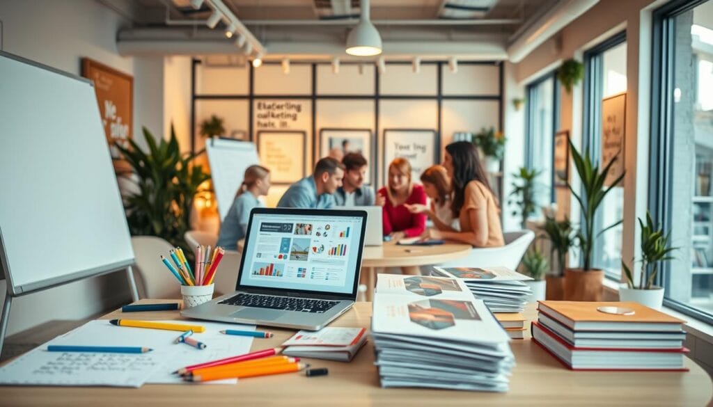 A modern, vibrant education-themed workspace. In the foreground, various teaching aids and marketing tools are neatly arranged - a whiteboard, colorful stationery, an open laptop displaying graphics, and a stack of brochures. The middle ground features an energetic team collaborating around a circular table, brainstorming ideas. The background shows large windows letting in warm, diffused natural light, with potted plants and framed motivational quotes lining the walls. The overall atmosphere is one of creativity, productivity, and a passion for education-based marketing.