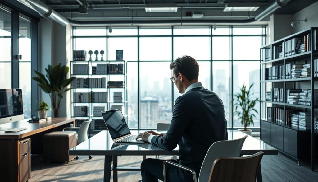 A modern, well-equipped office space with sleek, minimalist furniture and an abundance of natural light streaming in through large windows. In the foreground, a professional-looking person sits at a desk, intently focused on a laptop screen, symbolizing the "business publishing solutions" concept. The middle ground features shelves filled with neatly organized books, papers, and other publishing-related materials, conveying a sense of productivity and efficiency. The background showcases a city skyline, hinting at the global reach and impact of the "Multiply Your Business" book. The overall atmosphere is one of sophistication, innovation, and empowerment, reflecting the section title "How 'Multiply Your Business' Empowers Entrepreneurs". A modern, well-equipped office space with sleek, minimalist furniture and an abundance of natural light streaming in through large windows. In the foreground, a professional-looking person sits at a desk, intently focused on a laptop screen, symbolizing the "business publishing solutions" concept. The middle ground features shelves filled with neatly organized books, papers, and other publishing-related materials, conveying a sense of productivity and efficiency. The background showcases a city skyline, hinting at the global reach and impact of the "Multiply Your Business" book. The overall atmosphere is one of sophistication, innovation, and empowerment, reflecting the section title "How 'Multiply Your Business' Empowers Entrepreneurs".