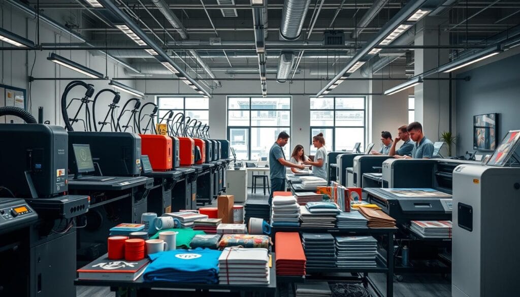 A modern, well-equipped printing studio with an array of state-of-the-art digital printing machines, laser cutters, and paper-handling equipment. In the foreground, a vibrant display showcases a variety of customizable products, including T-shirts, mugs, and phone cases. In the middle ground, a team of skilled technicians meticulously oversees the printing and packaging processes, ensuring high-quality and efficient service. The background features a sleek, minimalist office space with large windows, allowing natural light to flood the room and create a warm, inviting atmosphere. The overall scene conveys the ease and convenience of print-on-demand services, ready to help entrepreneurs turn their ideas into tangible products.