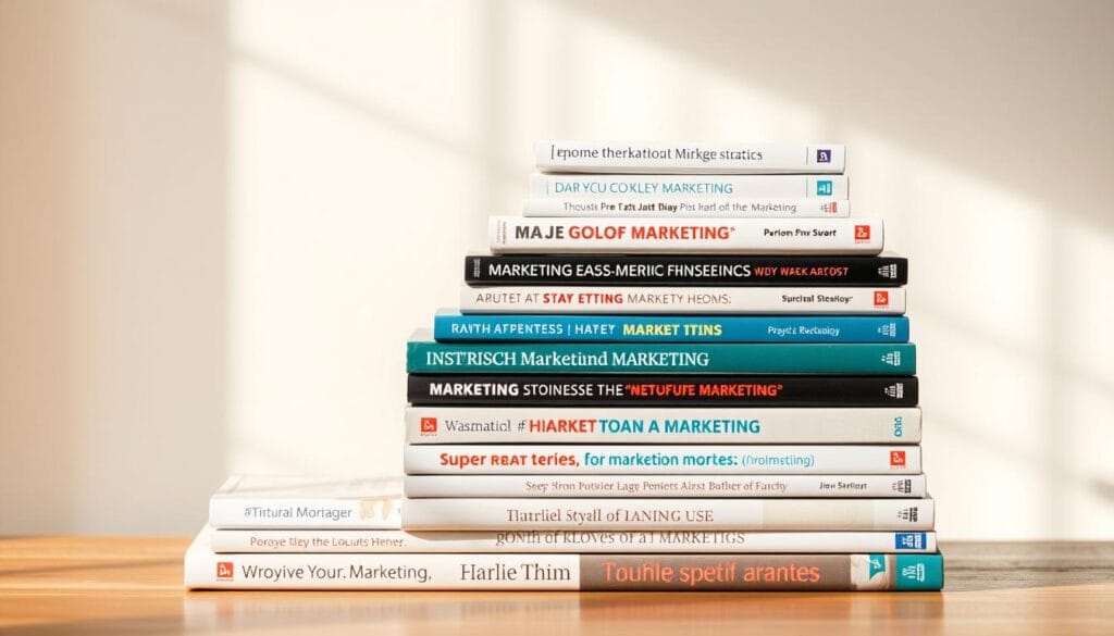 A neatly arranged stack of hardcover and paperback books, their spines displaying a variety of marketing-related titles. The books are set against a clean, well-lit backdrop, with subtle shadows adding depth and dimension. The lighting is warm and inviting, creating a professional and engaging atmosphere. The camera angle is slightly elevated, allowing the viewer to see the top of the stack and the varied book sizes and formats. The overall composition is balanced and visually appealing, showcasing the diverse selection of marketing resources in an organized and captivating manner.