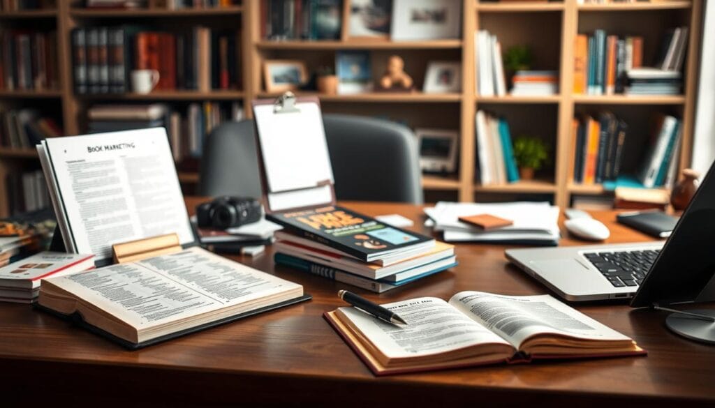 A neatly organized desk with an open book, a pen, and various marketing materials such as brochures, business cards, and a laptop. The lighting is soft and warm, creating a cozy, focused atmosphere. In the background, shelves of books and other office decor suggest a productive, professional setting. The image conveys the strategic planning and attention to detail required for effective book marketing.