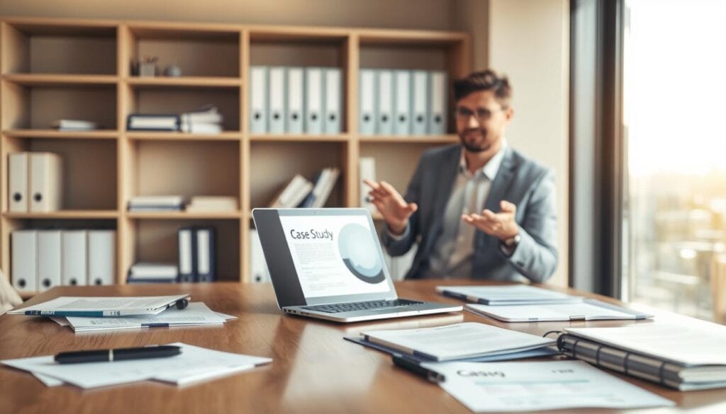 A professional business office setting with a wooden desk, a laptop, and various documents and folders. In the foreground, a person is presenting a case study to a client, animatedly gesturing towards the laptop screen. The middle ground features shelves with neatly organized binders and books, hinting at the company's expertise. The background is softly lit, creating a warm and inviting atmosphere, with a large window overlooking a cityscape. The lighting is natural, with hints of golden hour sunlight filtering through the window, casting a subtle glow on the scene. The overall mood is one of professionalism, credibility, and trust, reflecting the key aspects of leveraging case studies and testimonials. A professional business office setting with a wooden desk, a laptop, and various documents and folders. In the foreground, a person is presenting a case study to a client, animatedly gesturing towards the laptop screen. The middle ground features shelves with neatly organized binders and books, hinting at the company's expertise. The background is softly lit, creating a warm and inviting atmosphere, with a large window overlooking a cityscape. The lighting is natural, with hints of golden hour sunlight filtering through the window, casting a subtle glow on the scene. The overall mood is one of professionalism, credibility, and trust, reflecting the key aspects of leveraging case studies and testimonials.