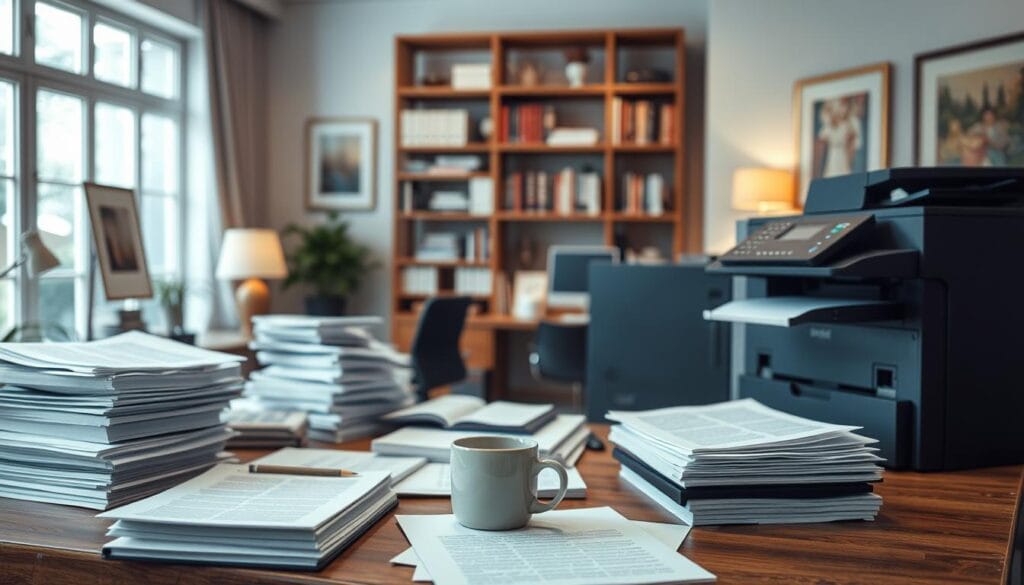 A professional editor's workspace, meticulously organized. In the foreground, a laptop and coffee mug on a wooden desk, surrounded by stacks of printed documents and a high-end, large-format printer. In the middle ground, a bookshelf filled with reference materials and a subtle desk lamp casting a warm glow. The background reveals a tastefully decorated office, with tasteful artwork on the walls and large windows letting in natural light, creating a serene and productive atmosphere. The scene conveys the importance of attention to detail, high-quality output, and a dedicated workspace for professional publishing and editing. A professional editor's workspace, meticulously organized. In the foreground, a laptop and coffee mug on a wooden desk, surrounded by stacks of printed documents and a high-end, large-format printer. In the middle ground, a bookshelf filled with reference materials and a subtle desk lamp casting a warm glow. The background reveals a tastefully decorated office, with tasteful artwork on the walls and large windows letting in natural light, creating a serene and productive atmosphere. The scene conveys the importance of attention to detail, high-quality output, and a dedicated workspace for professional publishing and editing.