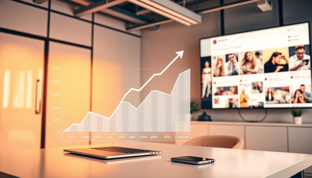 A sleek and modern office setting, bathed in warm, directional lighting. In the foreground, a laptop and smartphone sit on a minimalist desk, conveying the tools of digital marketing. The middle ground features a stylized graphic visualization, showcasing increasing sales, website traffic, and affiliate commissions, represented by ascending line graphs and financial metrics. In the background, a social media feed is displayed on a large monitor, with various influencer posts and viral content, suggesting the power of leveraging online platforms to amplify brand reach and affiliate performance. The overall atmosphere is one of efficiency, growth, and the seamless integration of technology and marketing strategy.