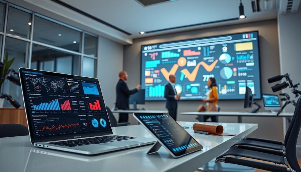 A sleek and modern office space, filled with an array of AI-powered marketing tools. In the foreground, a laptop displays analytics dashboards and optimization algorithms. Nearby, a tablet showcases targeted ad campaigns and customer segmentation. In the middle ground, a virtual assistant interacts with a team of marketers, providing real-time insights and recommendations. The background features a large, high-resolution display presenting predictive models and data visualizations. Soft, directional lighting accentuates the futuristic, efficient atmosphere. The scene conveys the seamless integration of AI into a dynamic, data-driven marketing strategy.