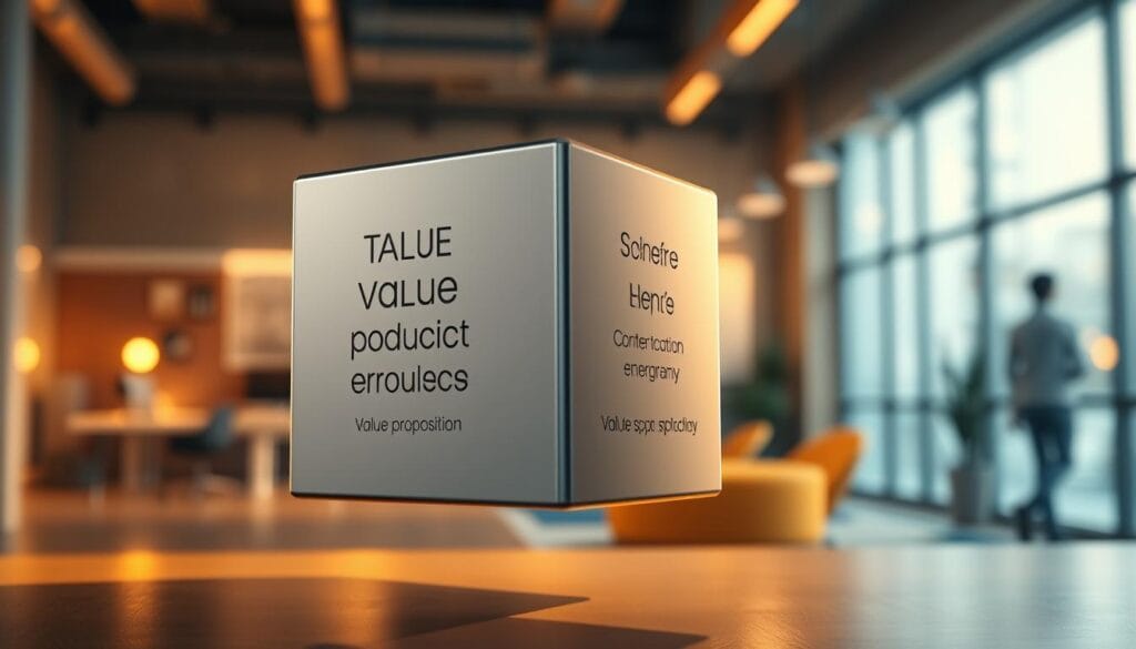 A striking 3D render of a modern, minimalist value proposition. In the foreground, a sleek, metallic cube hovers, its faces displaying key value points in a clean, minimalist typography. The middle ground features a softly blurred backdrop of a professional office or co-working space, suggesting the application of this value proposition. The background is filled with a warm, golden glow, creating a sense of inspiration and opportunity. Dramatic side lighting casts dramatic shadows, emphasizing the cube's form. The overall mood is one of clarity, focus, and the promise of business growth.