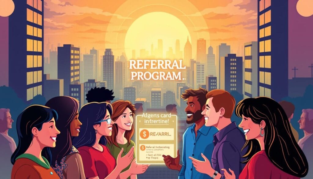 A vibrant and dynamic referral program illustration. In the foreground, a group of diverse people enthusiastically sharing recommendations and referrals, their faces lit by a warm, inviting glow. In the middle ground, a central hub where referral incentives and rewards are prominently displayed, drawing the eye. The background depicts a bustling urban landscape, symbolizing the far-reaching impact of word-of-mouth marketing. The scene is captured with a wide-angle lens, creating a sense of depth and movement. The overall mood is one of energy, collaboration, and the power of personal connections to drive business growth. A vibrant and dynamic referral program illustration. In the foreground, a group of diverse people enthusiastically sharing recommendations and referrals, their faces lit by a warm, inviting glow. In the middle ground, a central hub where referral incentives and rewards are prominently displayed, drawing the eye. The background depicts a bustling urban landscape, symbolizing the far-reaching impact of word-of-mouth marketing. The scene is captured with a wide-angle lens, creating a sense of depth and movement. The overall mood is one of energy, collaboration, and the power of personal connections to drive business growth.