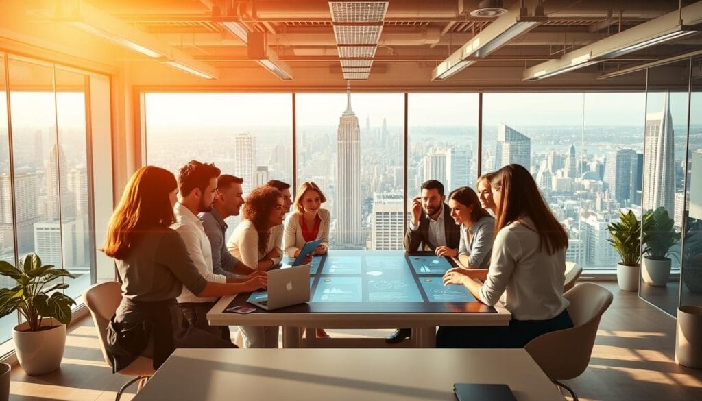 A vibrant, customer-centric office space with an empathetic, collaborative atmosphere. In the foreground, a team of diverse professionals clustered around a table, engaged in a lively discussion, brainstorming ideas to address customer pain points. The middle ground features a sleek, minimalist interface displaying customer data and feedback. The background showcases a panoramic view of a bustling city skyline, symbolizing the wider context in which the company operates. Warm, natural lighting floods the scene, creating a sense of openness and transparency. The overall composition conveys a dynamic, human-centered approach to business growth and innovation.