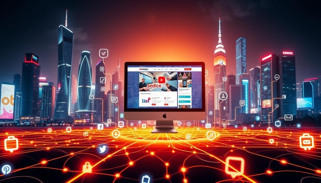 A vibrant digital landscape with a central computer screen displaying a dynamic web interface, surrounded by a diverse array of digital devices and platforms. Warm ambient lighting casts a soft glow, highlighting the interconnected nature of online presence. In the foreground, various icons and symbols representing social media, e-commerce, and online marketing flow seamlessly, creating a sense of a thriving digital ecosystem. The middle ground features a network of digital pathways, pulsing with data and information, connecting the different elements. In the background, a futuristic city skyline with towering skyscrapers and glowing neon signs sets the stage for this digital realm, emphasizing the ubiquity of online presence in the modern world. A vibrant digital landscape with a central computer screen displaying a dynamic web interface, surrounded by a diverse array of digital devices and platforms. Warm ambient lighting casts a soft glow, highlighting the interconnected nature of online presence. In the foreground, various icons and symbols representing social media, e-commerce, and online marketing flow seamlessly, creating a sense of a thriving digital ecosystem. The middle ground features a network of digital pathways, pulsing with data and information, connecting the different elements. In the background, a futuristic city skyline with towering skyscrapers and glowing neon signs sets the stage for this digital realm, emphasizing the ubiquity of online presence in the modern world.