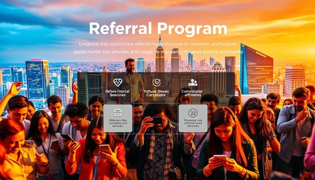 A vibrant, dynamic scene of a referral program in action. In the foreground, a group of diverse influencers and affiliates enthusiastically engage with a range of digital devices, showcasing their promotion of the brand's products and services. The middle ground features a sleek, stylized representation of the referral program's key features, such as unique referral links, commission structures, and engagement metrics. In the background, a city skyline with towering skyscrapers and a vibrant, energetic atmosphere sets the stage for this collaborative, growth-driven marketing strategy. Warm, diffused lighting illuminates the scene, creating a sense of professionalism and success. Captured with a wide-angle lens to convey the expansive nature of the referral program's reach and impact.