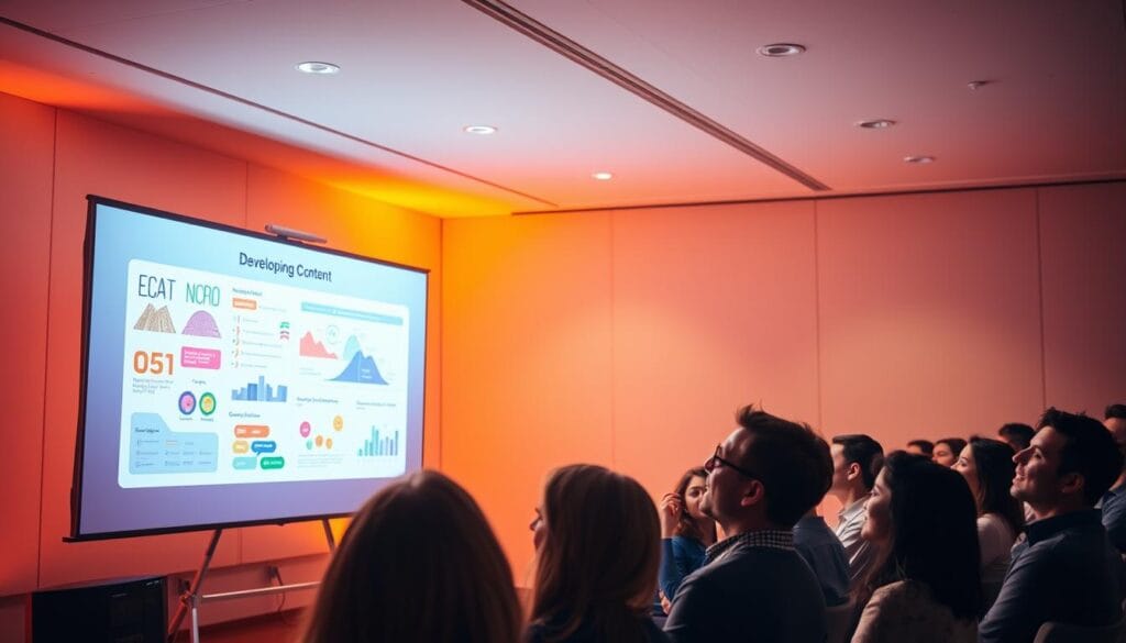 A vibrant, dynamic seminar stage with a modern, minimalist aesthetic. In the foreground, a whiteboard or presentation screen displays captivating visuals and infographics, illuminated by warm, focused lighting that draws the viewer's attention. In the middle ground, a group of engaged attendees, their faces expressive and animated, lean in, captivated by the engaging content. The background features a clean, neutral backdrop, allowing the seminar content and audience to take center stage. The overall mood is one of inspiration, interactivity, and effective communication, reflecting the essence of "Developing Engaging Content" for a successful seminar or workshop.